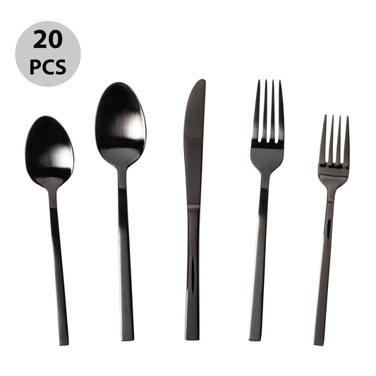 Flatware Silverware 20 Piece Cutlery Utensils Set for 4, Mirror Black