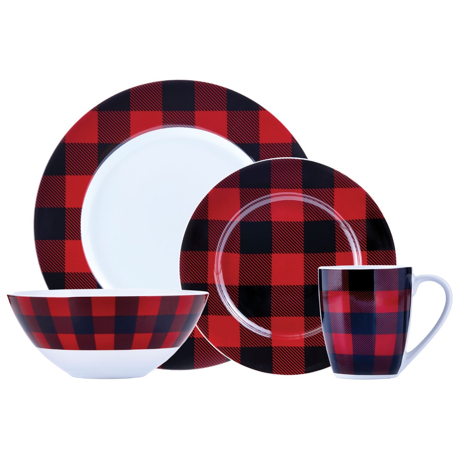 Dinnerware Set 16 Piece Buffalo Plaid Red/Black, Service for 4