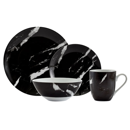 Dinnerware Set 16 Piece Black Marble Look, Service for 4