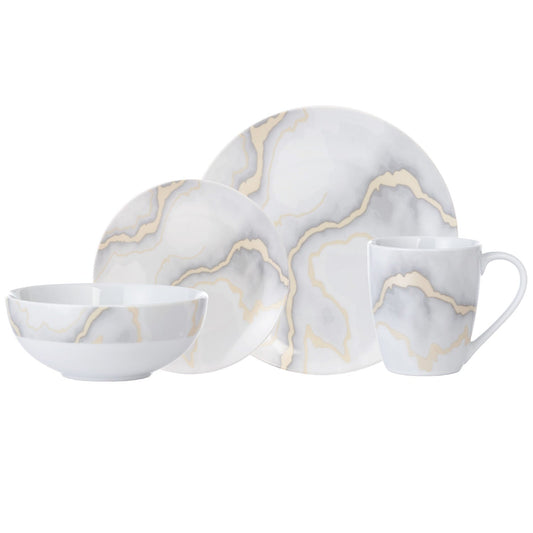 Dinnerware Set 16 Piece Electric Gold Marble, Service for 4