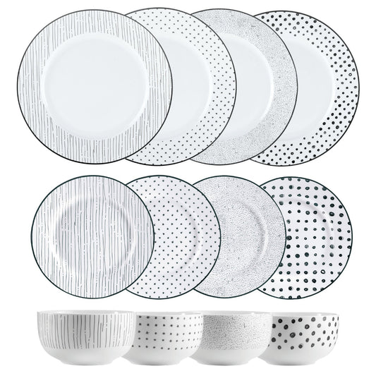 Dinnerware Set 12 Piece Black and White, Service for 4