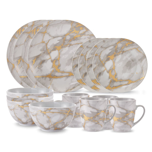 Dinnerware Set 16 Piece Coupe Porcelain Gold Marble Look, Service for 4